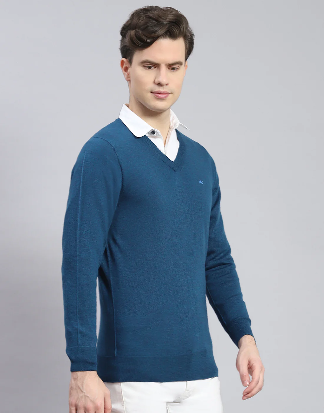 Men Teal Blue Solid V Neck Full Sleeve Pullover - Image 4