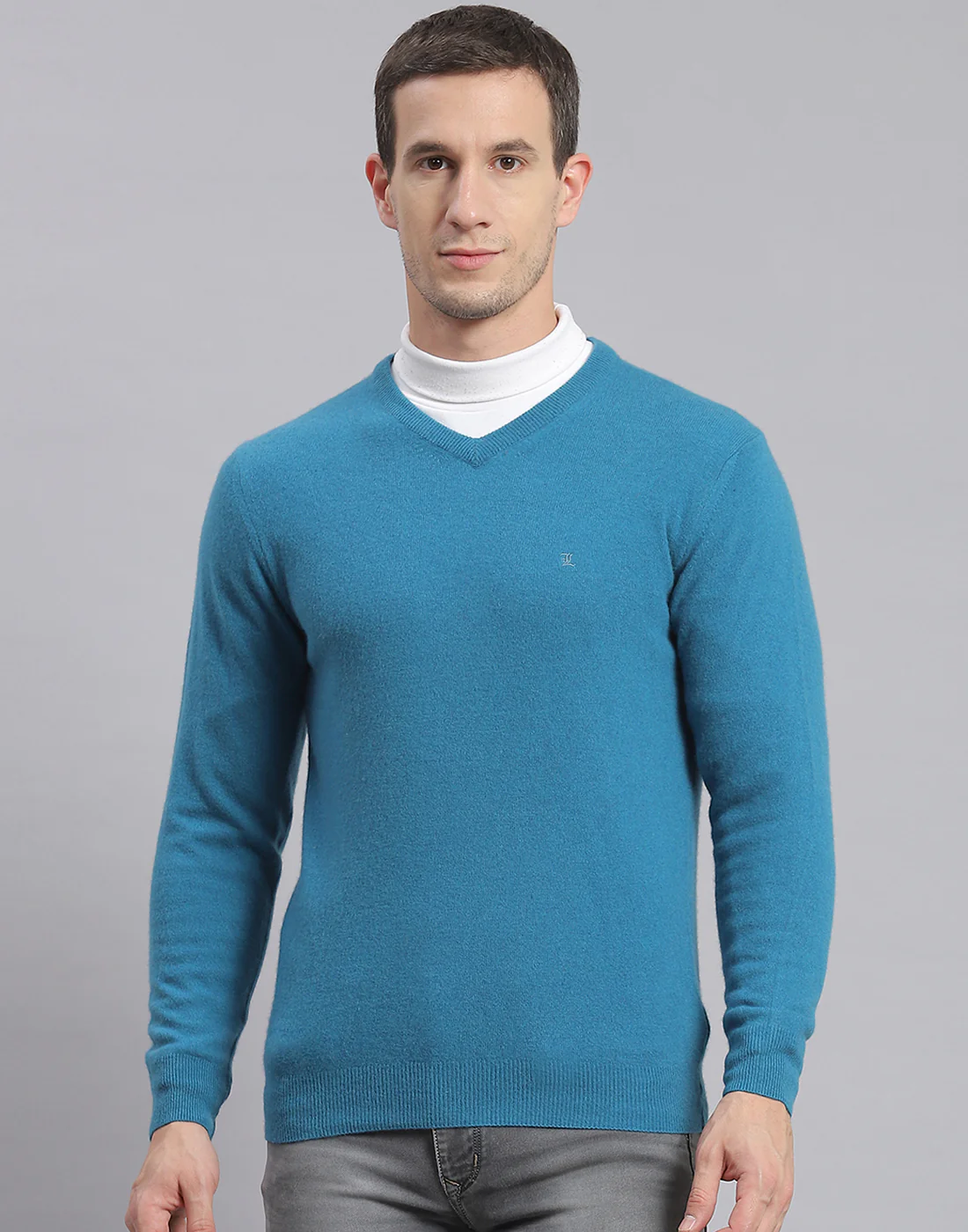 Men Teal Blue Solid V Neck Full Sleeve Sweater - Image 2