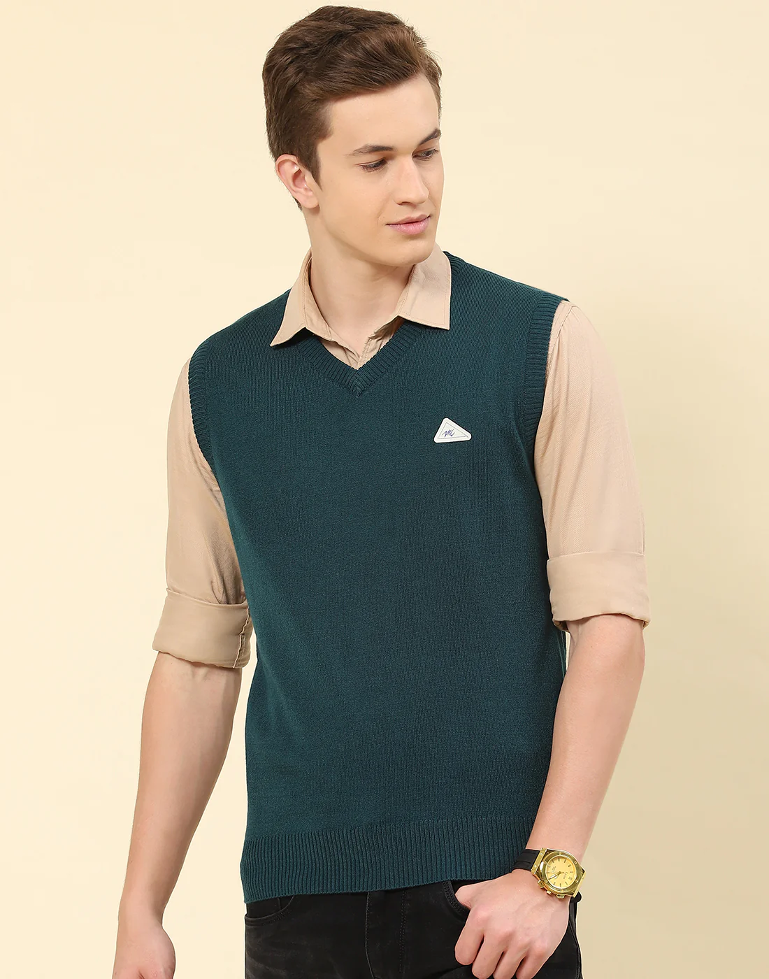 Men Teal Blue Solid V Neck Sleeveless Sweater - Image 2