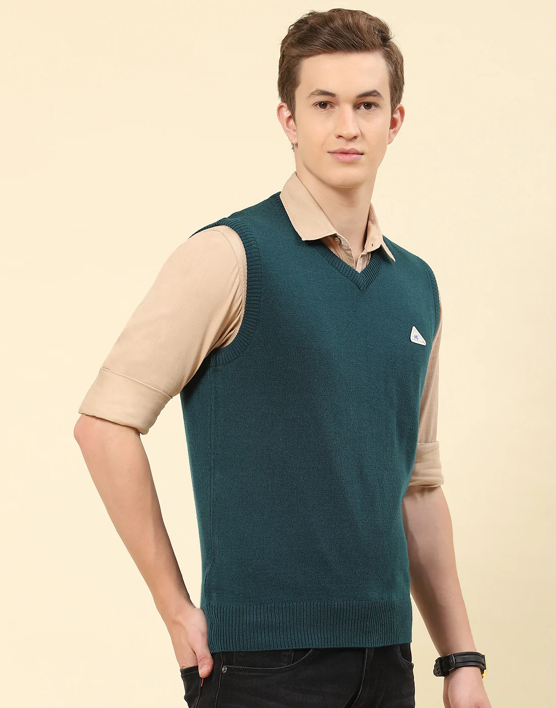 Men Teal Blue Solid V Neck Sleeveless Sweater - Image 4