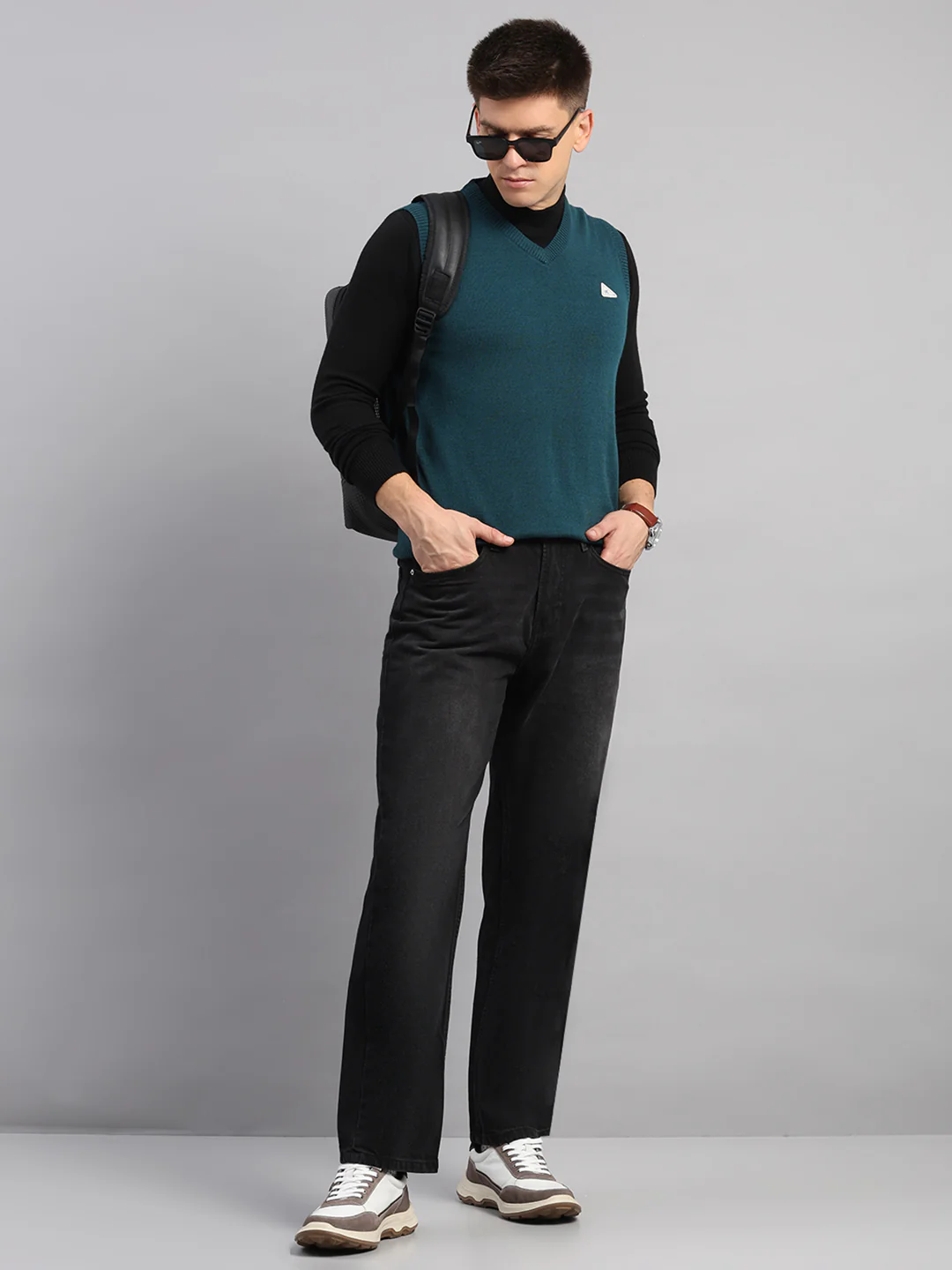 Men Teal Blue Solid V Neck Sleeveless Sweater - Image 2