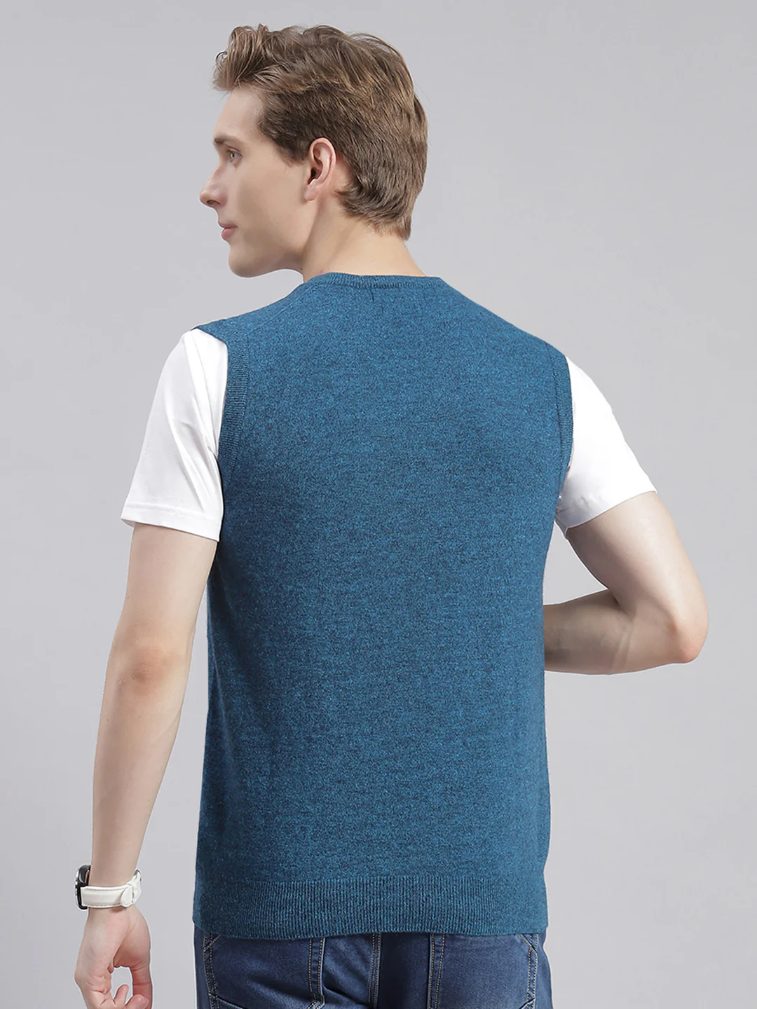 Men Teal Blue Solid V Neck Sleeveless Sweaters/Pullovers - Image 5