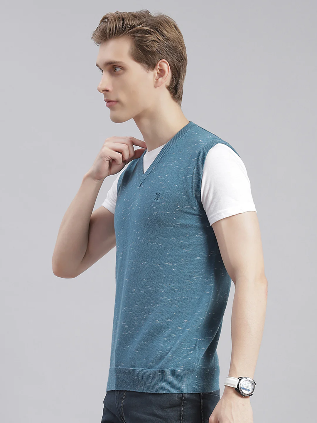 Men Teal Blue Solid V Neck Sleeveless Sweaters/Pullovers - Image 3