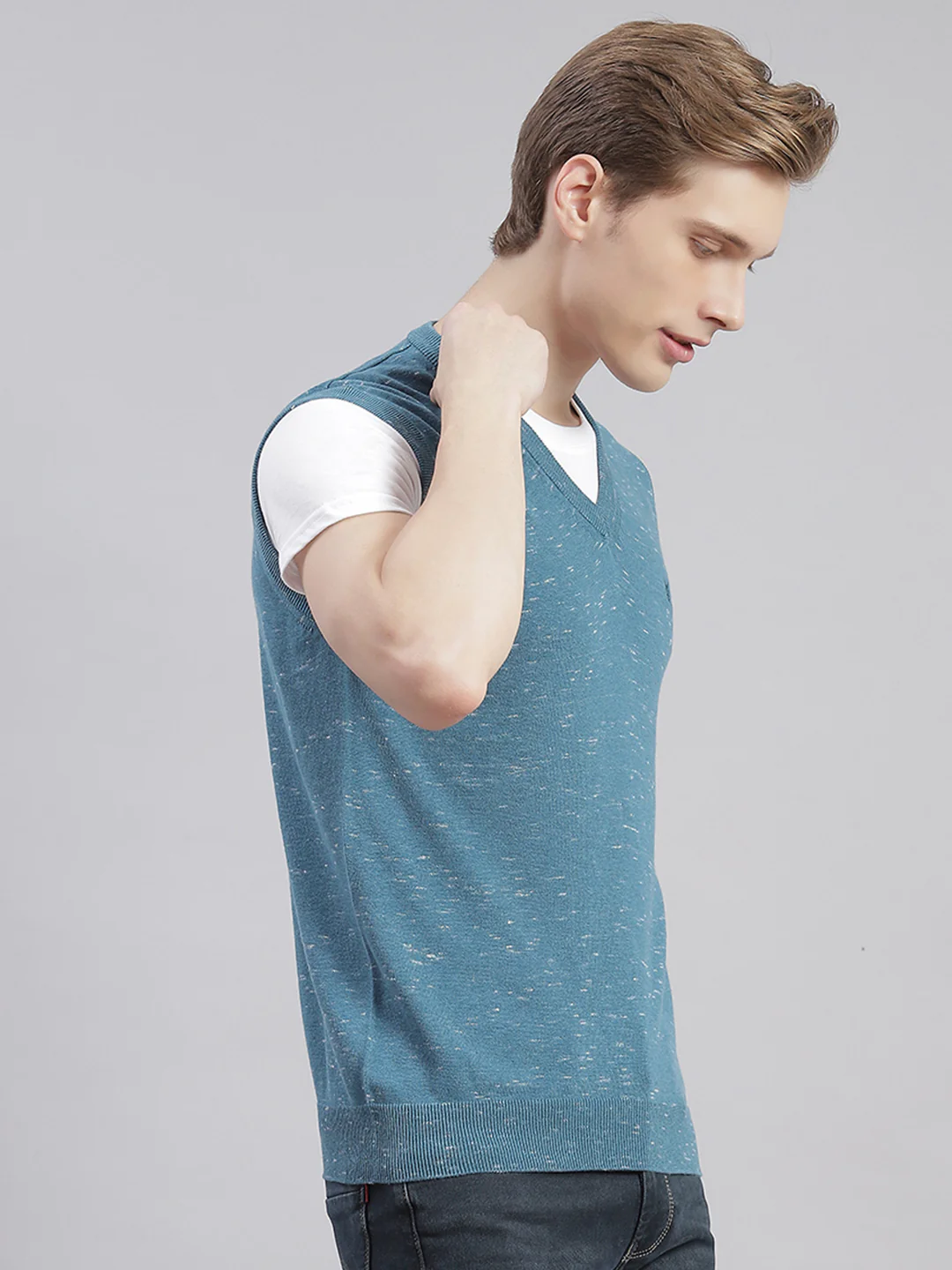 Men Teal Blue Solid V Neck Sleeveless Sweaters/Pullovers - Image 4