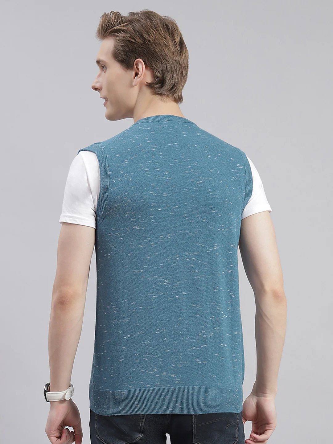 Men Teal Blue Solid V Neck Sleeveless Sweaters/Pullovers - Image 5