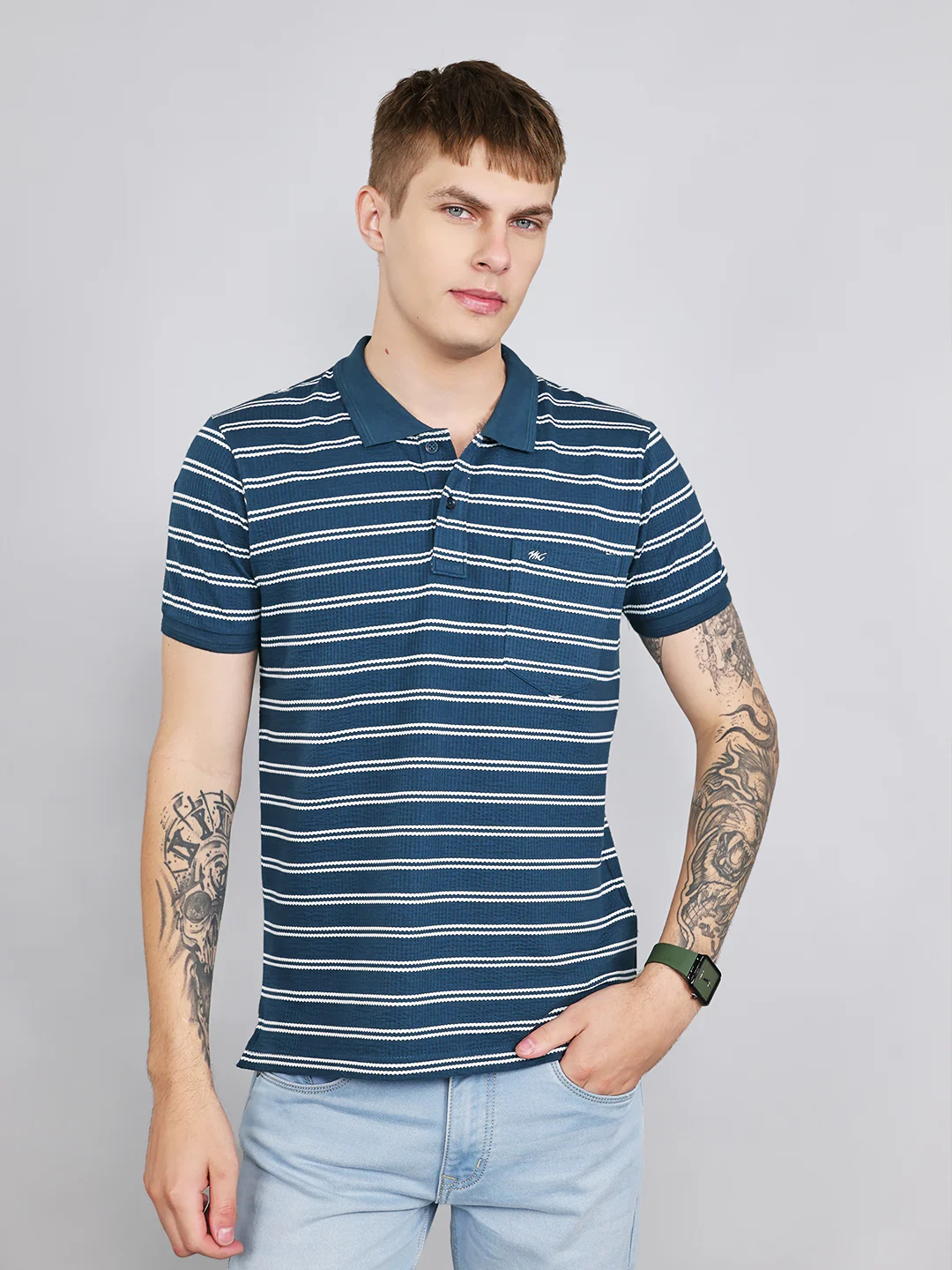 Men Teal Blue Stripe Collar Half Sleeve T-Shirt - Image 3