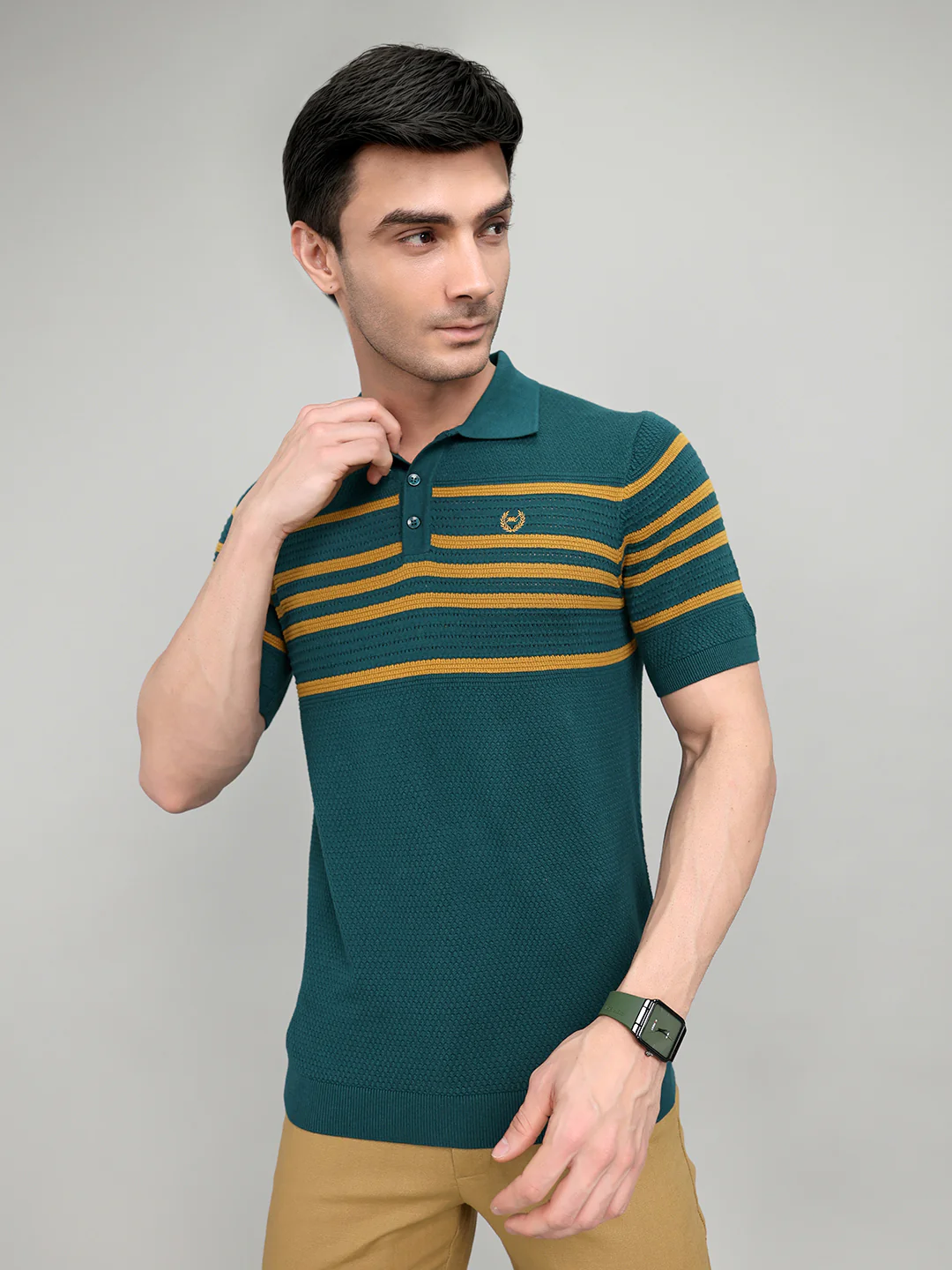 Men Teal Blue Stripe Collar Half Sleeve T-Shirt - Image 2