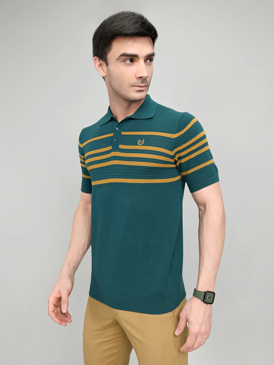 Men Teal Blue Stripe Collar Half Sleeve T-Shirt - Image 3
