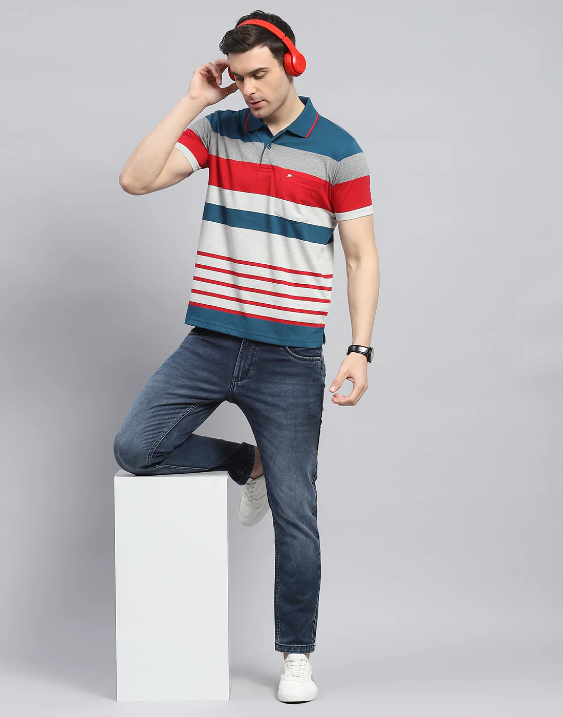 Men Teal Blue Stripe Polo Collar Half Sleeve T-Shirt - Image 2
