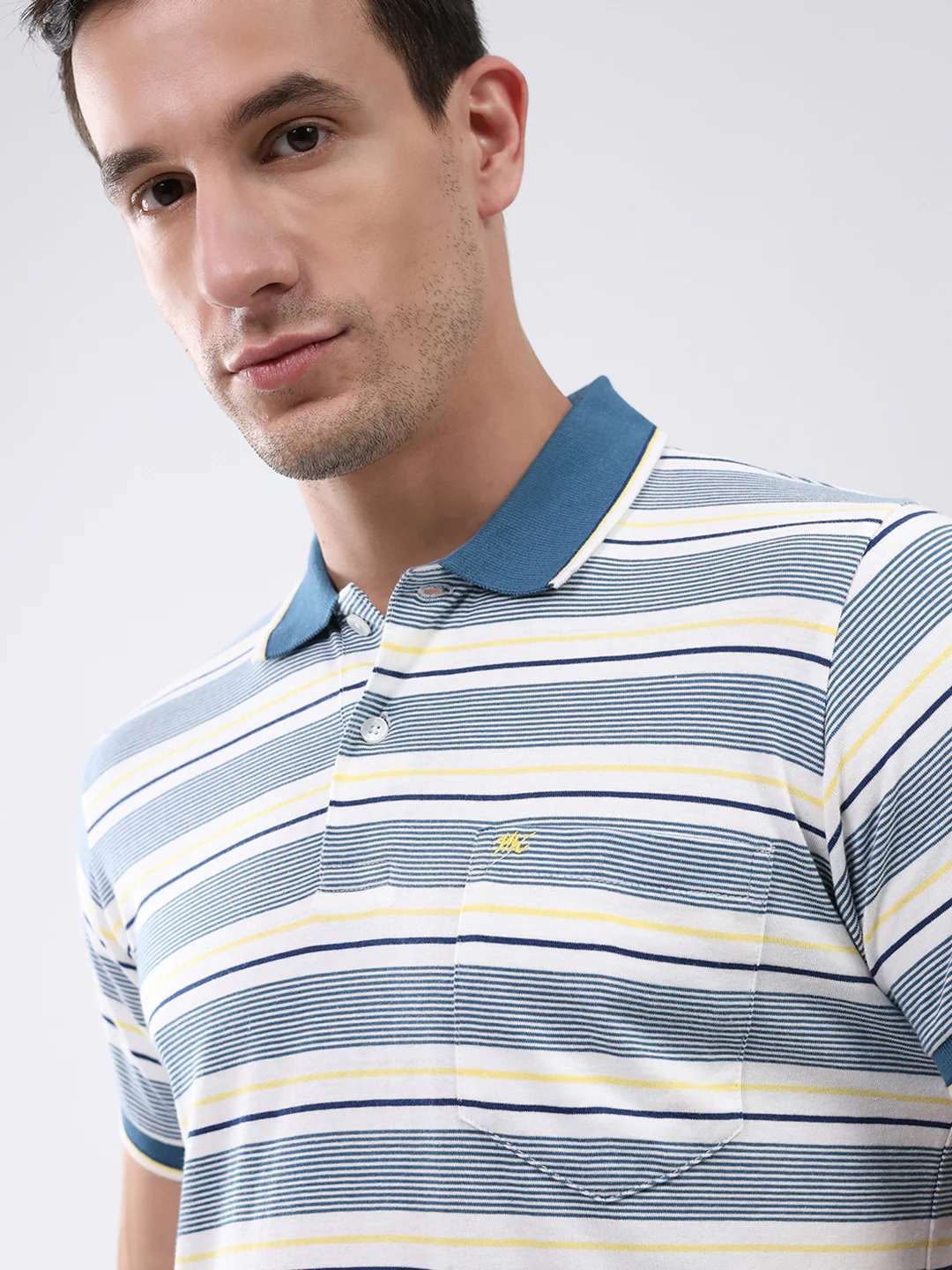 Men Teal Blue Stripe Stand Collar Half Sleeve T-Shirt - Image 6