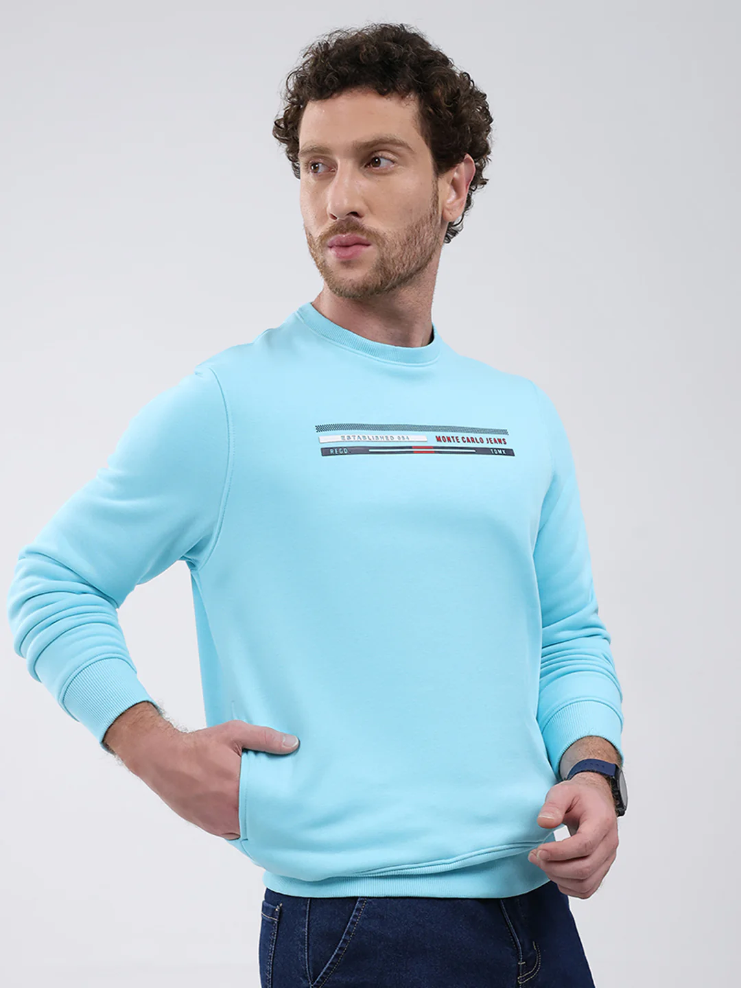 Men Turquoise Blue Printed Round Neck Full Sleeve Sweatshirt - Image 4