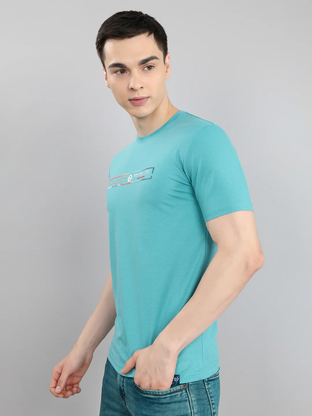 Men Turquoise Blue Printed Round Neck Half Sleeve T-Shirt - Image 2