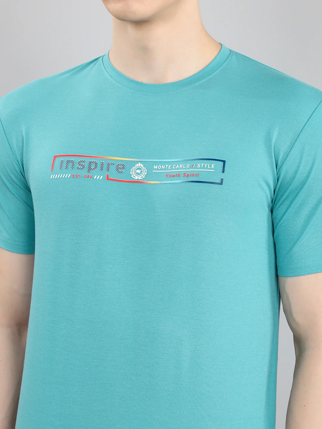 Men Turquoise Blue Printed Round Neck Half Sleeve T-Shirt - Image 5