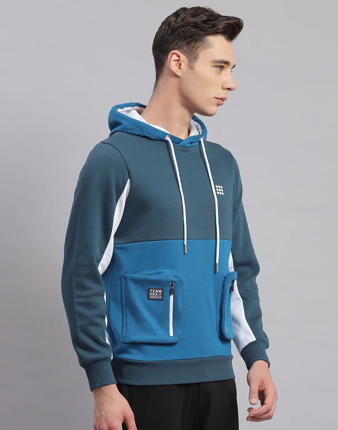 Rock.it Men Turquoise Blue Solid Hooded Full Sleeve Sweatshirt - Image 4