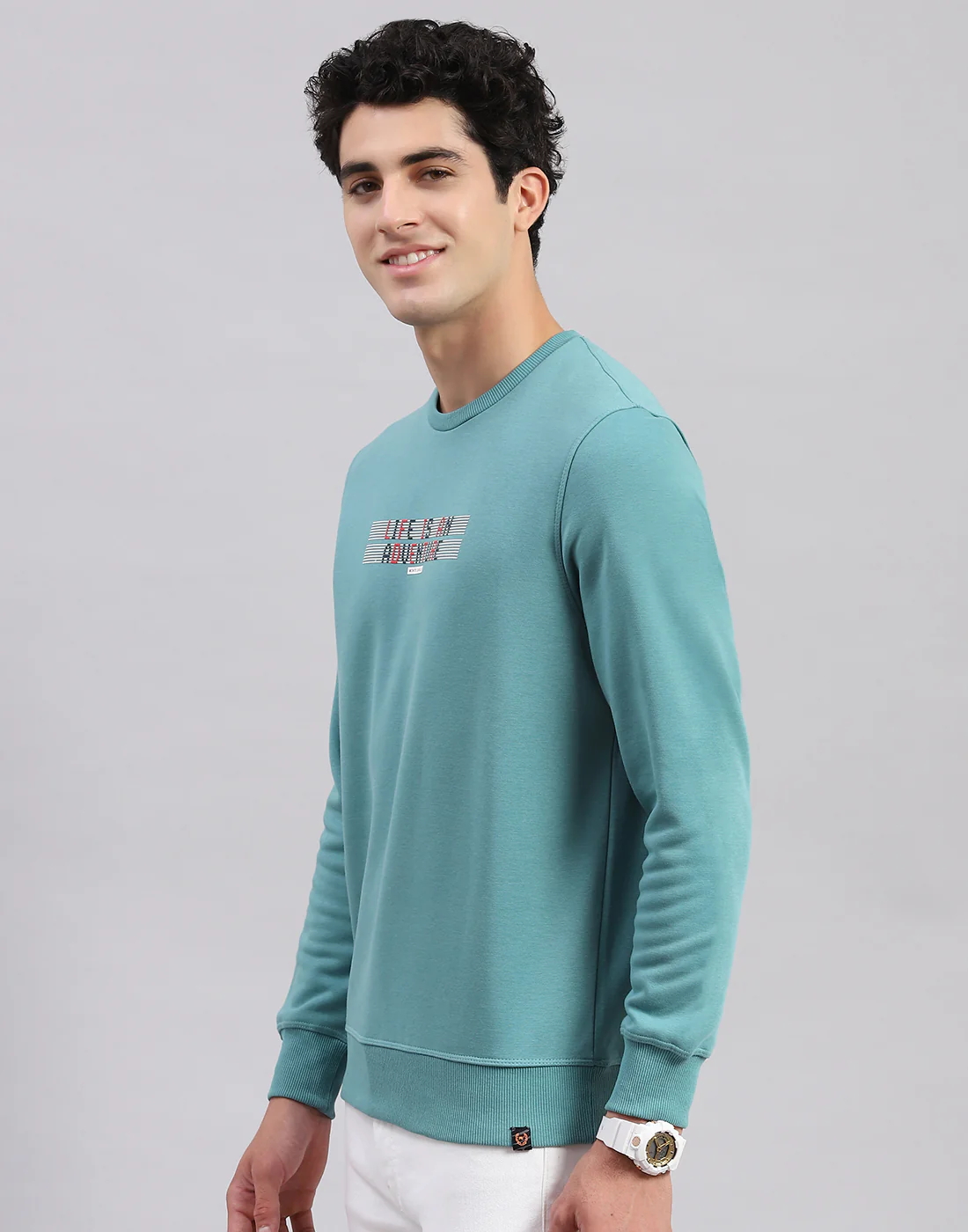 Men Turquoise Blue Solid Round Neck Full Sleeve Sweatshirts - Image 3