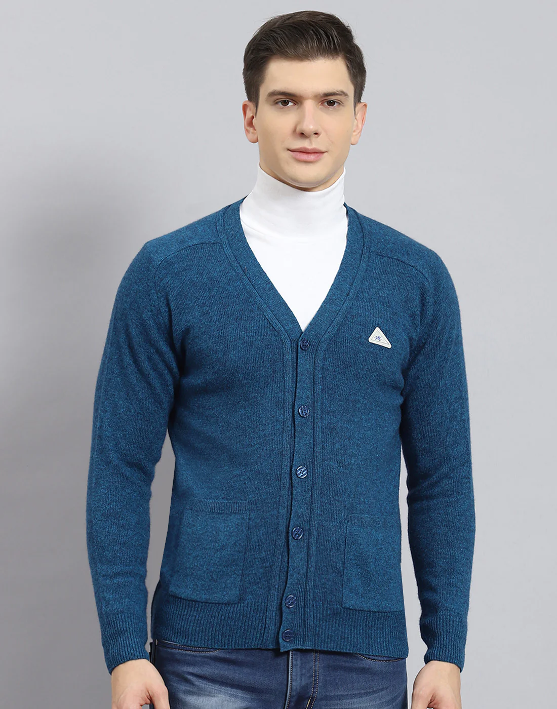 Men Turquoise Blue Solid V Neck Full Sleeve Cardigan - Image 3