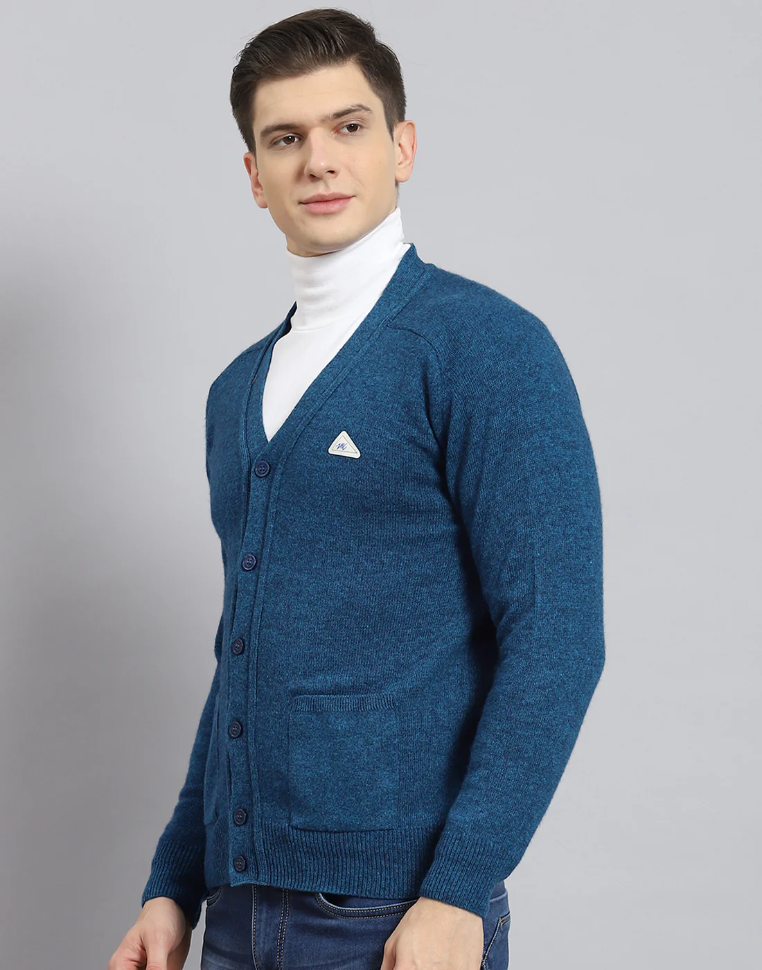 Men Turquoise Blue Solid V Neck Full Sleeve Cardigan - Image 4