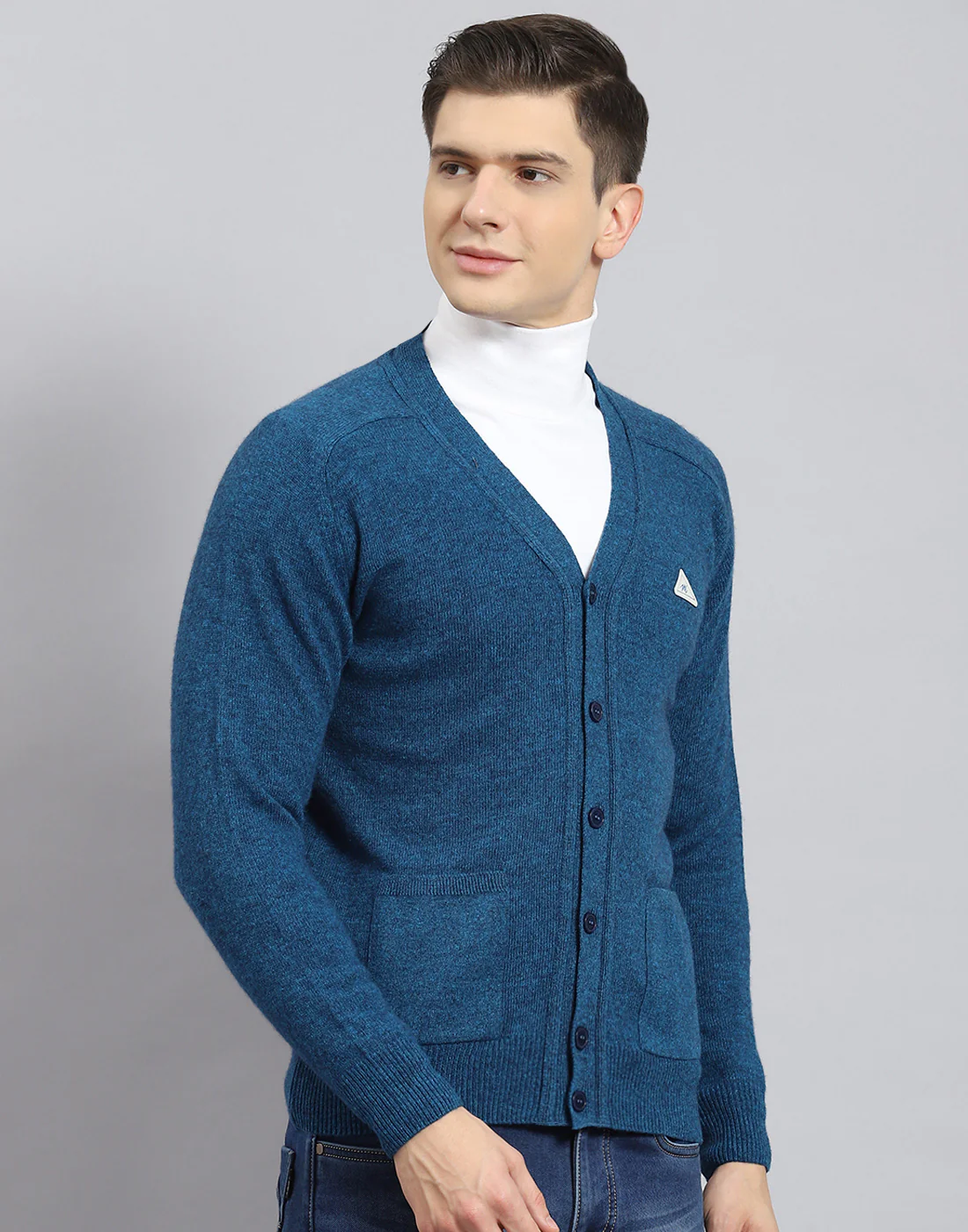 Men Turquoise Blue Solid V Neck Full Sleeve Cardigan - Image 5