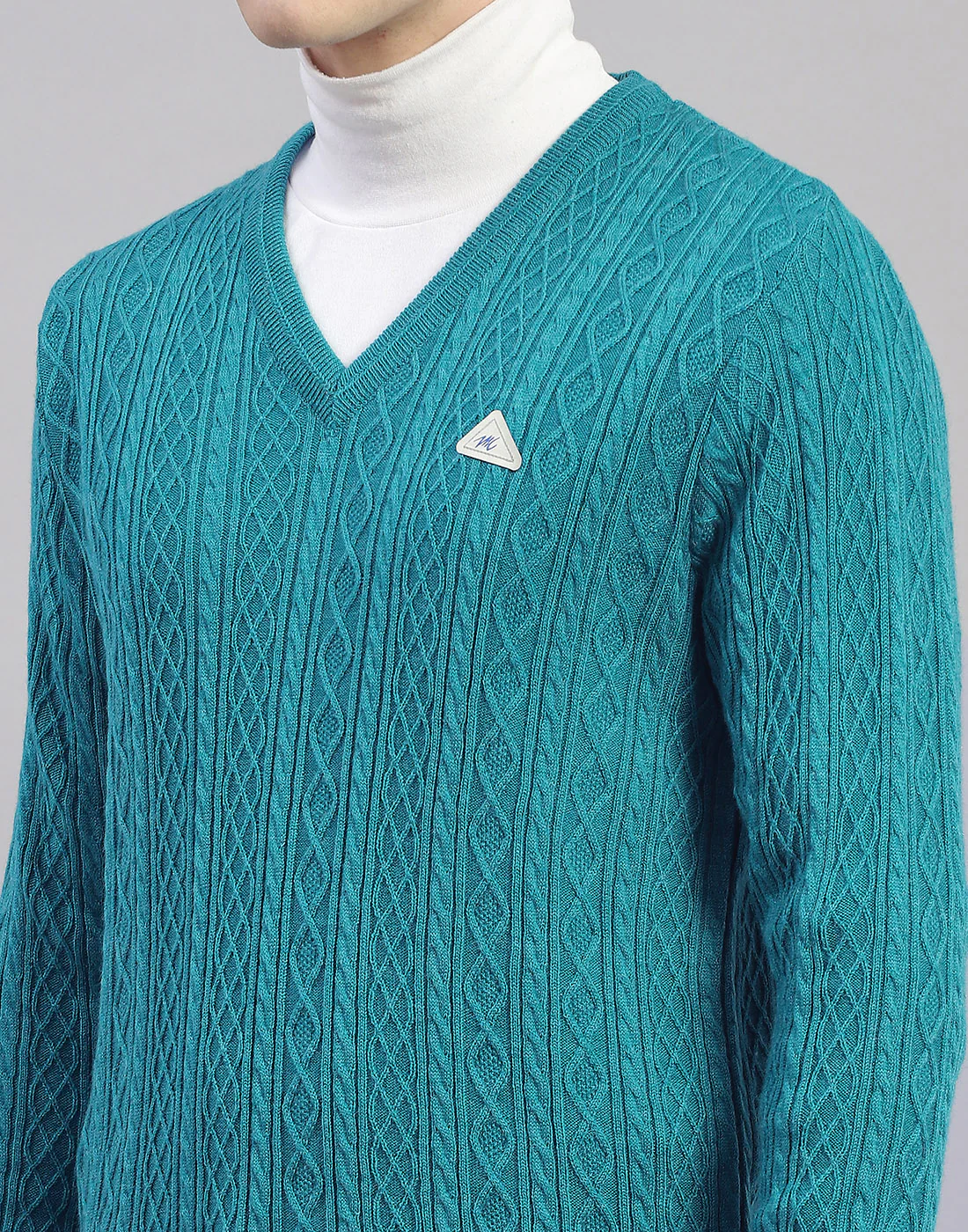 Men Turquoise Blue Solid V Neck Full Sleeve Pullover - Image 6