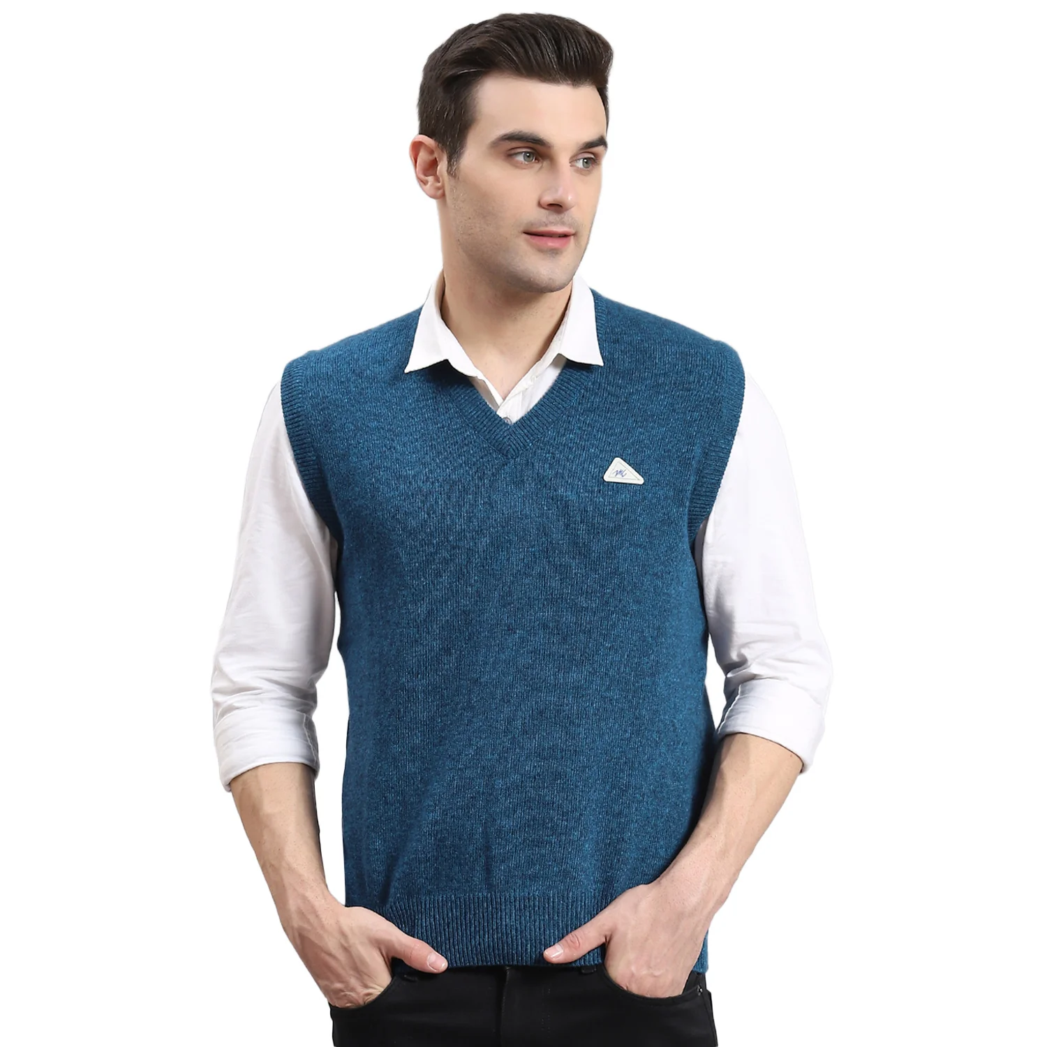 Men Turquoise Blue Solid V Neck Sleeveless Sweater - Image 5