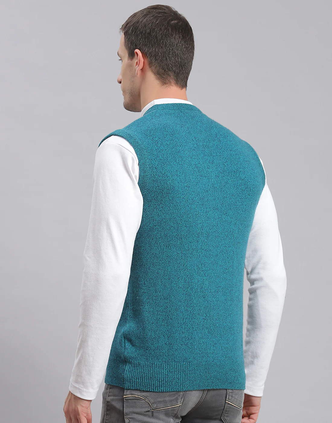 Men Turquoise Blue Solid V Neck Sleeveless Sweater - Image 6
