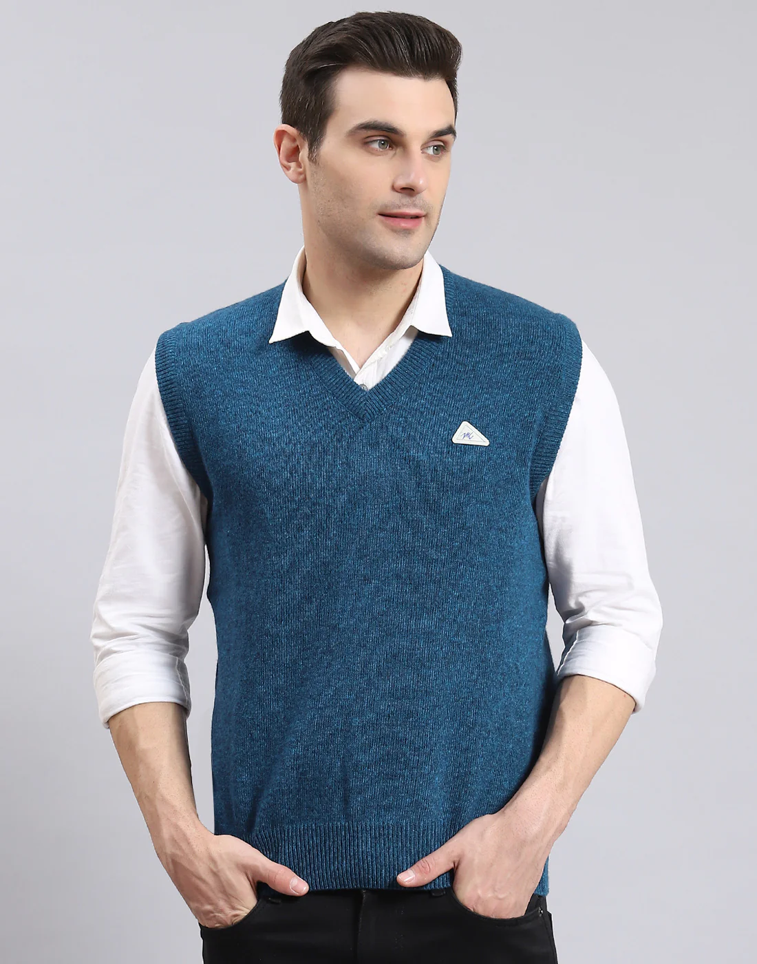 Men Turquoise Blue Solid V Neck Sleeveless Sweater - Image 2