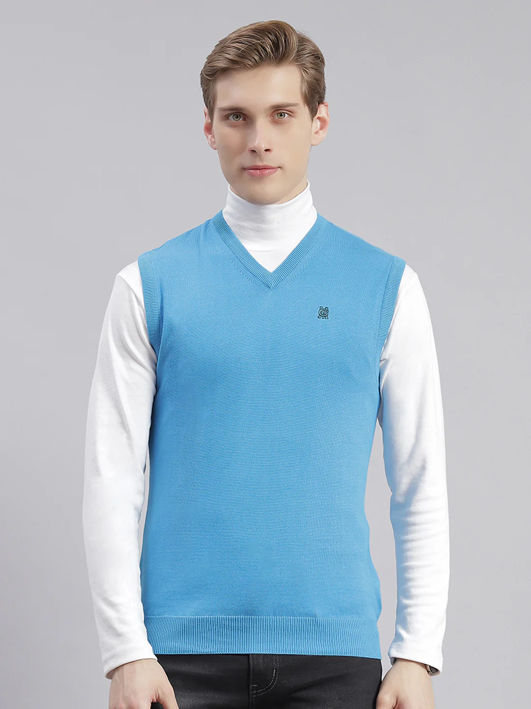 Men Turquoise Blue Solid V Neck Sleeveless Sweaters/Pullovers - Image 3