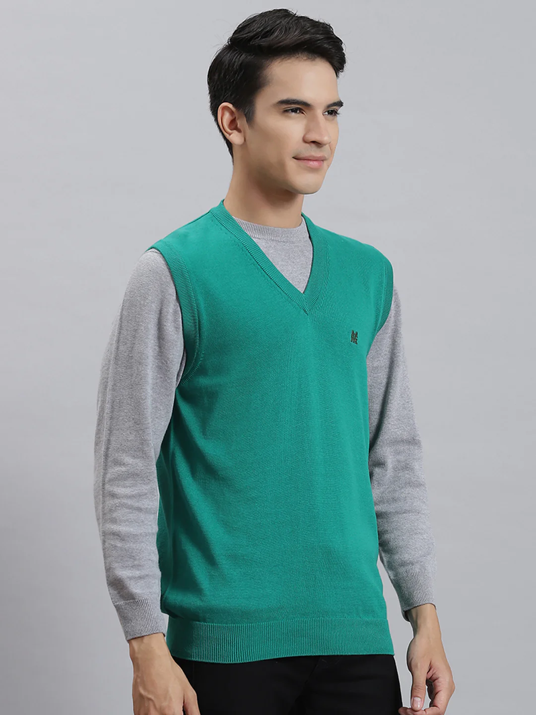 Men Turquoise Blue Solid V Neck Sleeveless Sweaters/Pullovers - Image 4