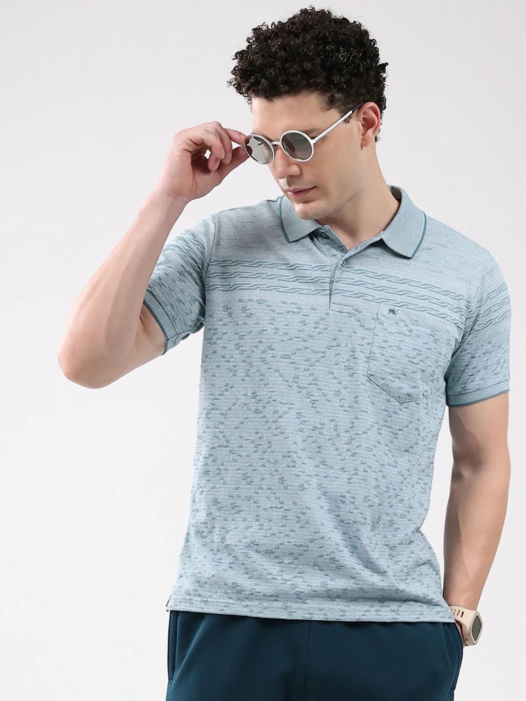 Men Turquoise Blue Stripe Collar Half Sleeve T-Shirt - Image 6