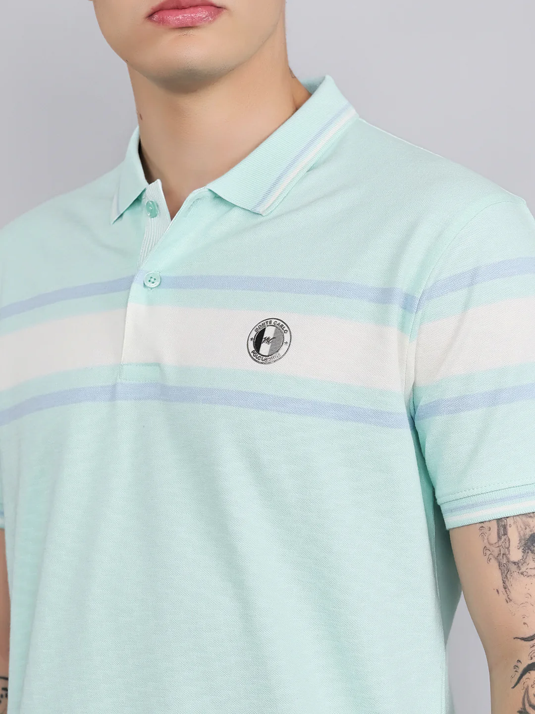 Men Turquoise Blue Stripe Collar Half Sleeve T-Shirt - Image 5