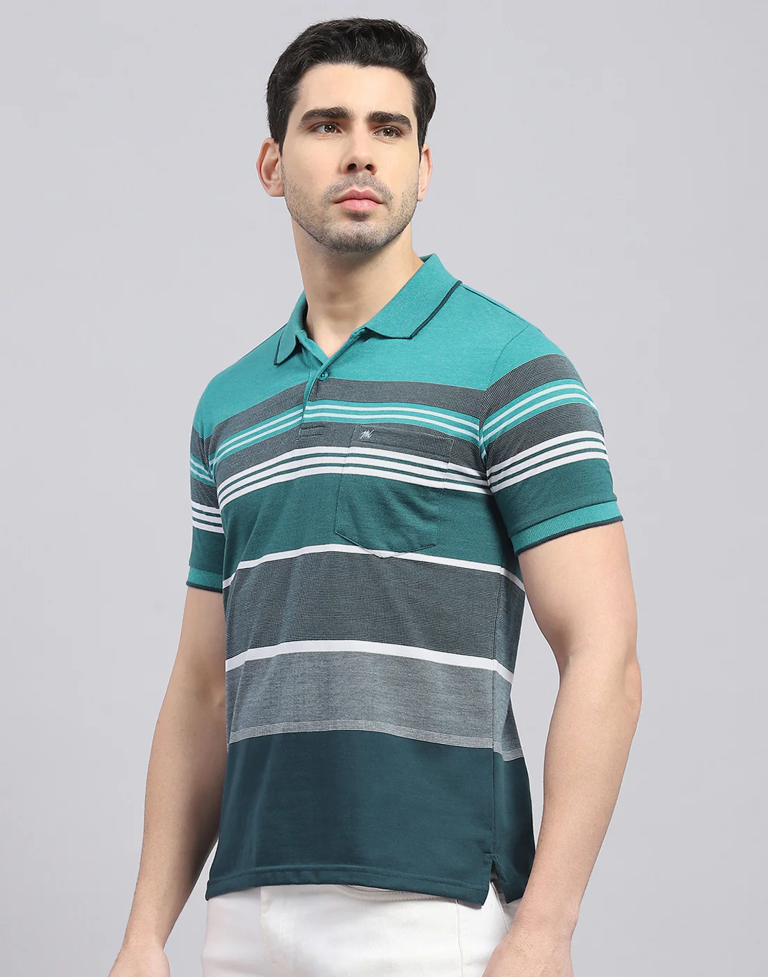 Men Turquoise Blue Stripe Polo Collar Half Sleeve T-Shirt - Image 4