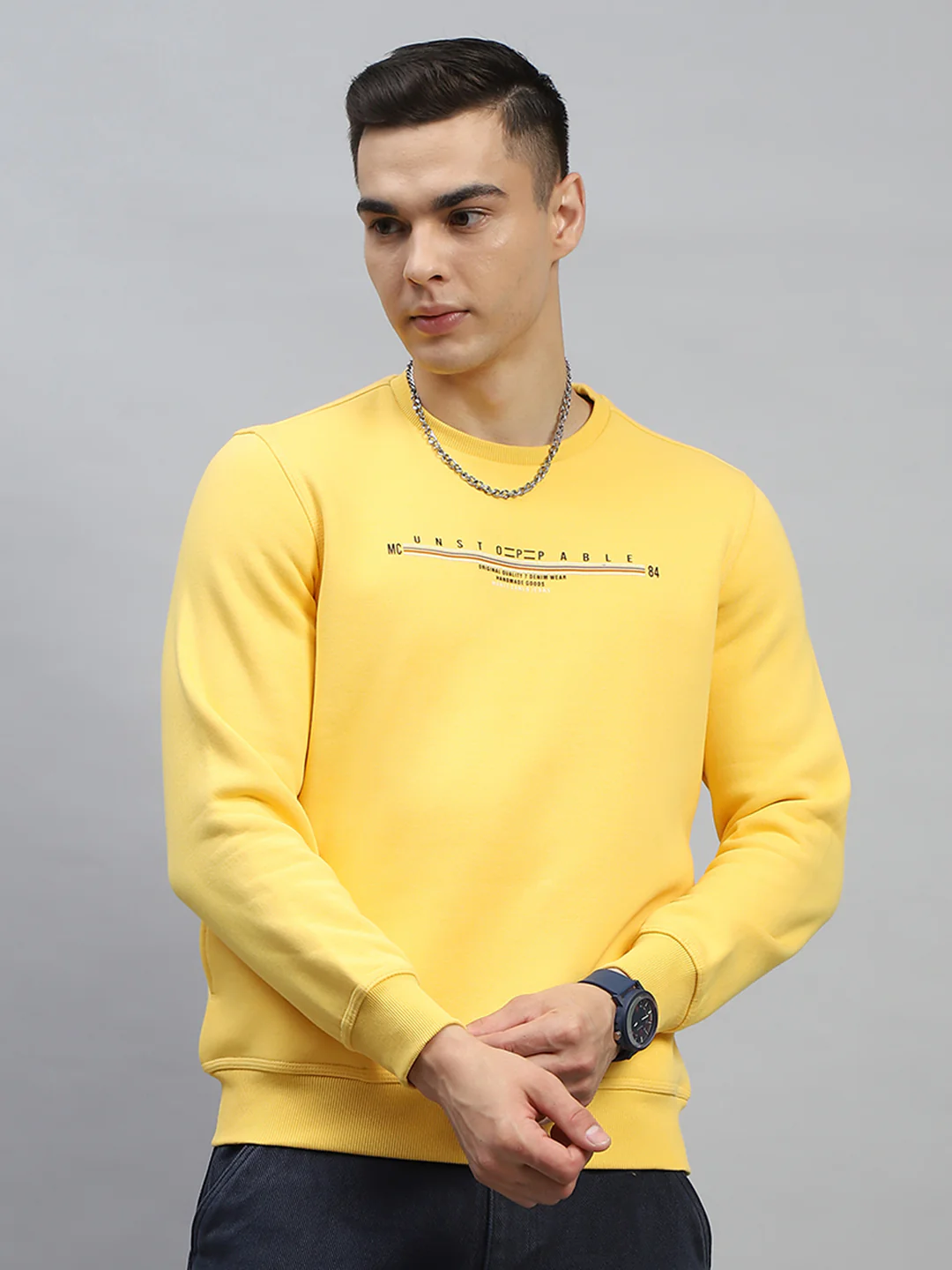 Men Turquoise Blue & Yellow Printed Round Neck Full Sleeve Sweatshirt - Image 3