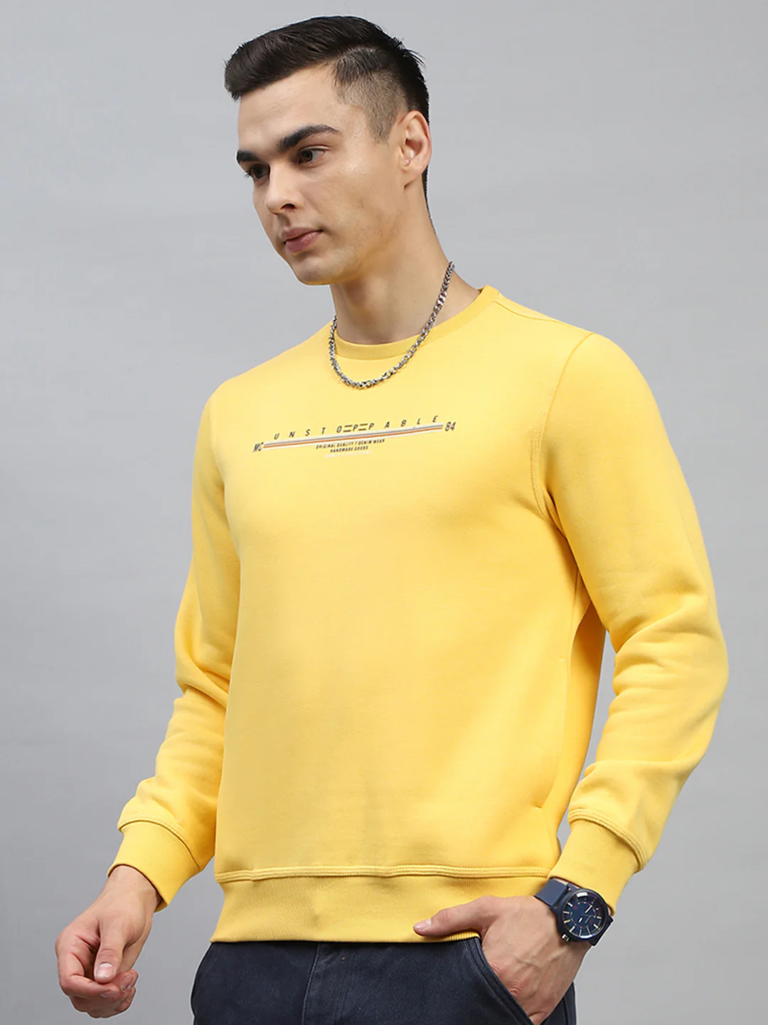 Men Turquoise Blue & Yellow Printed Round Neck Full Sleeve Sweatshirt - Image 4