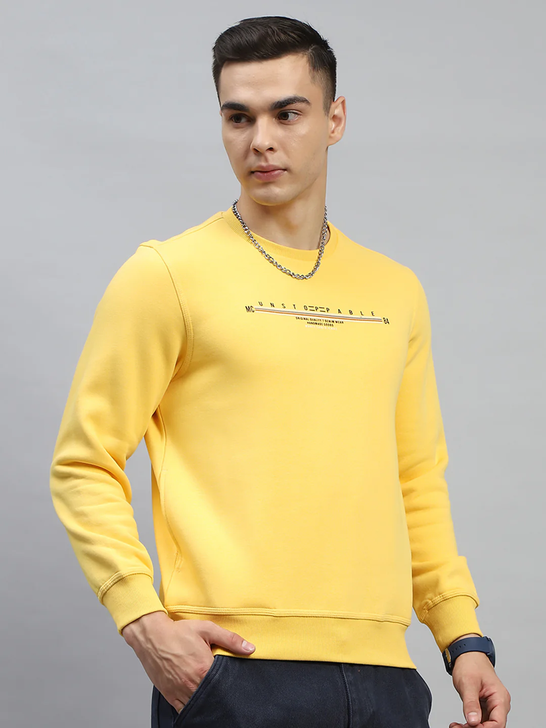 Men Turquoise Blue & Yellow Printed Round Neck Full Sleeve Sweatshirt - Image 5