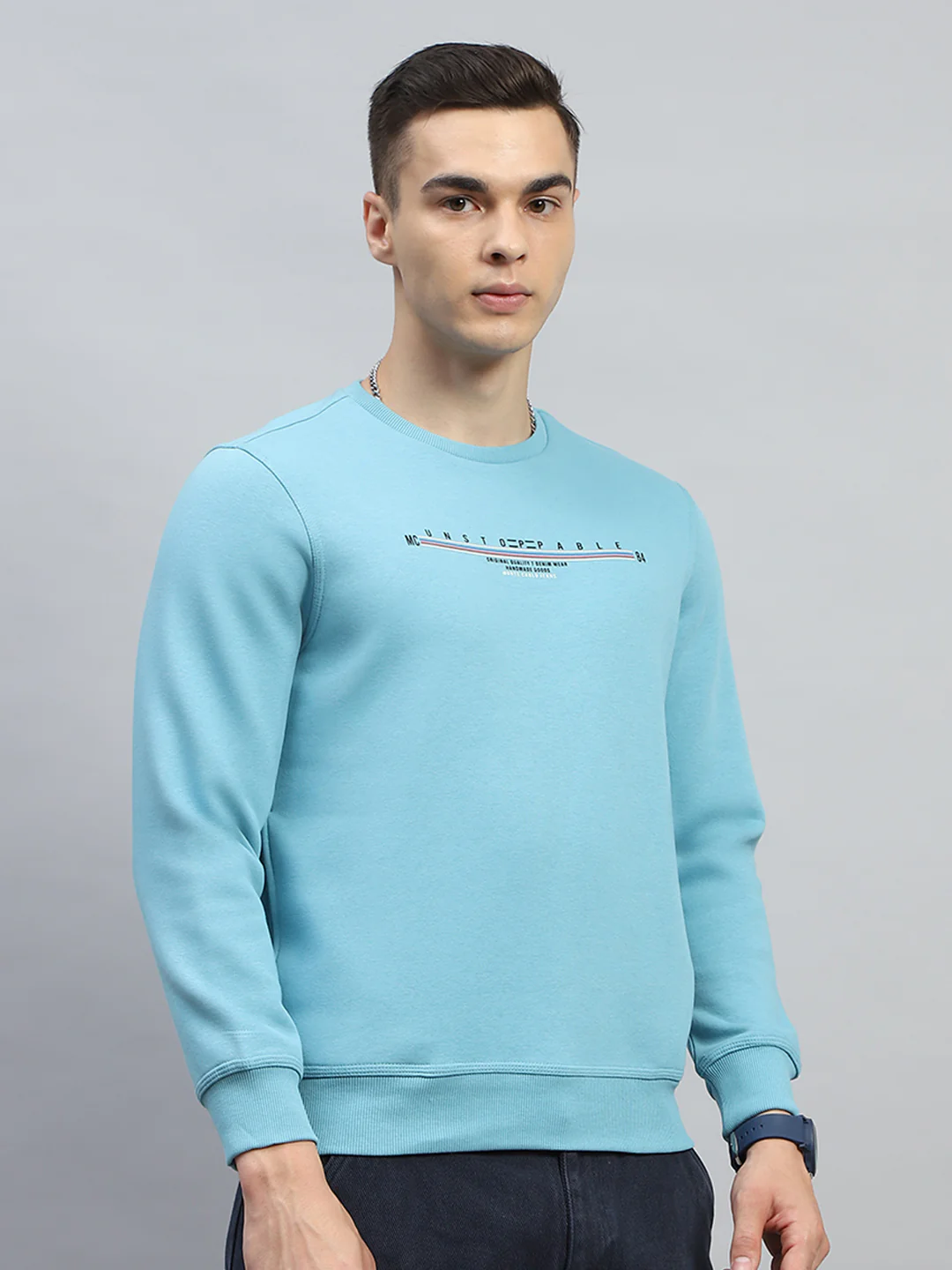 Men Turquoise Blue & Yellow Printed Round Neck Full Sleeve Sweatshirt - Image 8