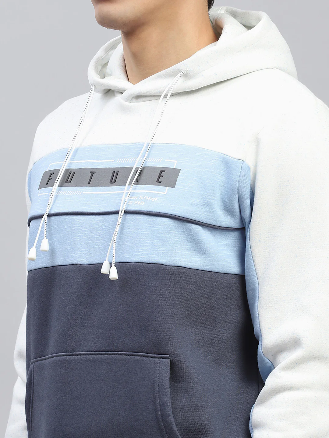 Men White & Blue Printed Hooded Full Sleeve Sweatshirt - Image 6
