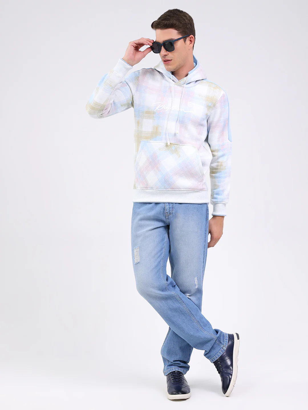 Men White & Blue Printed Hooded Full Sleeve Sweatshirt - Image 2
