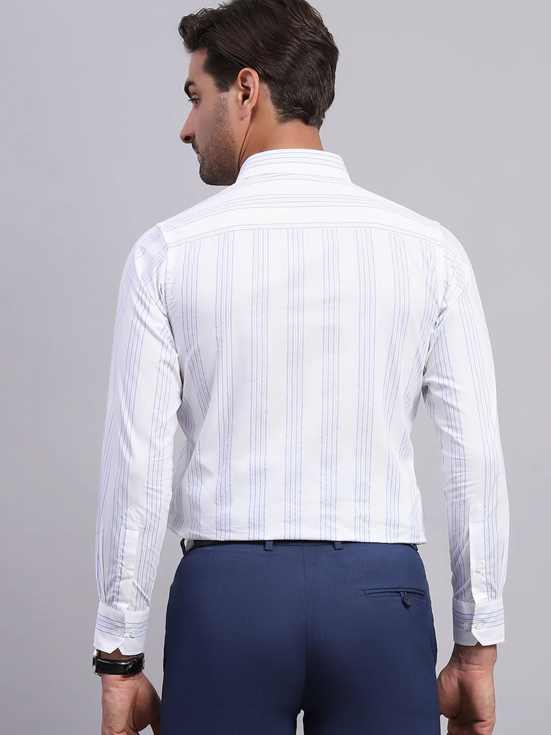 Men White & Blue Stripe Collar Full Sleeve Shirt - Image 5