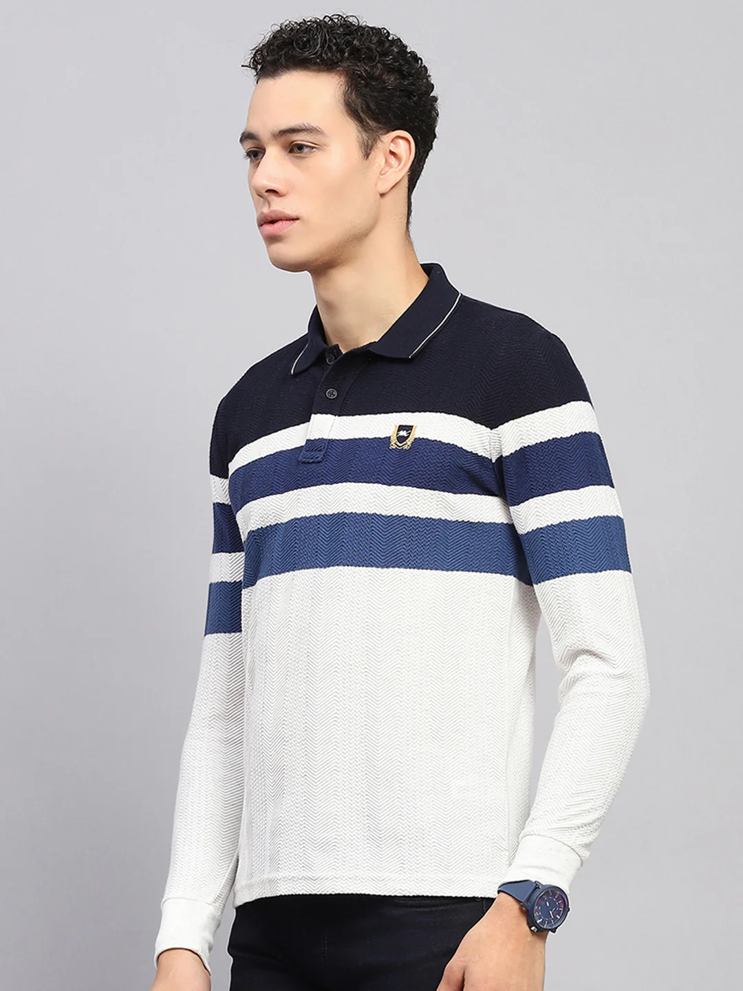 Men White & Blue Stripe Collar Full Sleeve Winter T-Shirt - Image 3