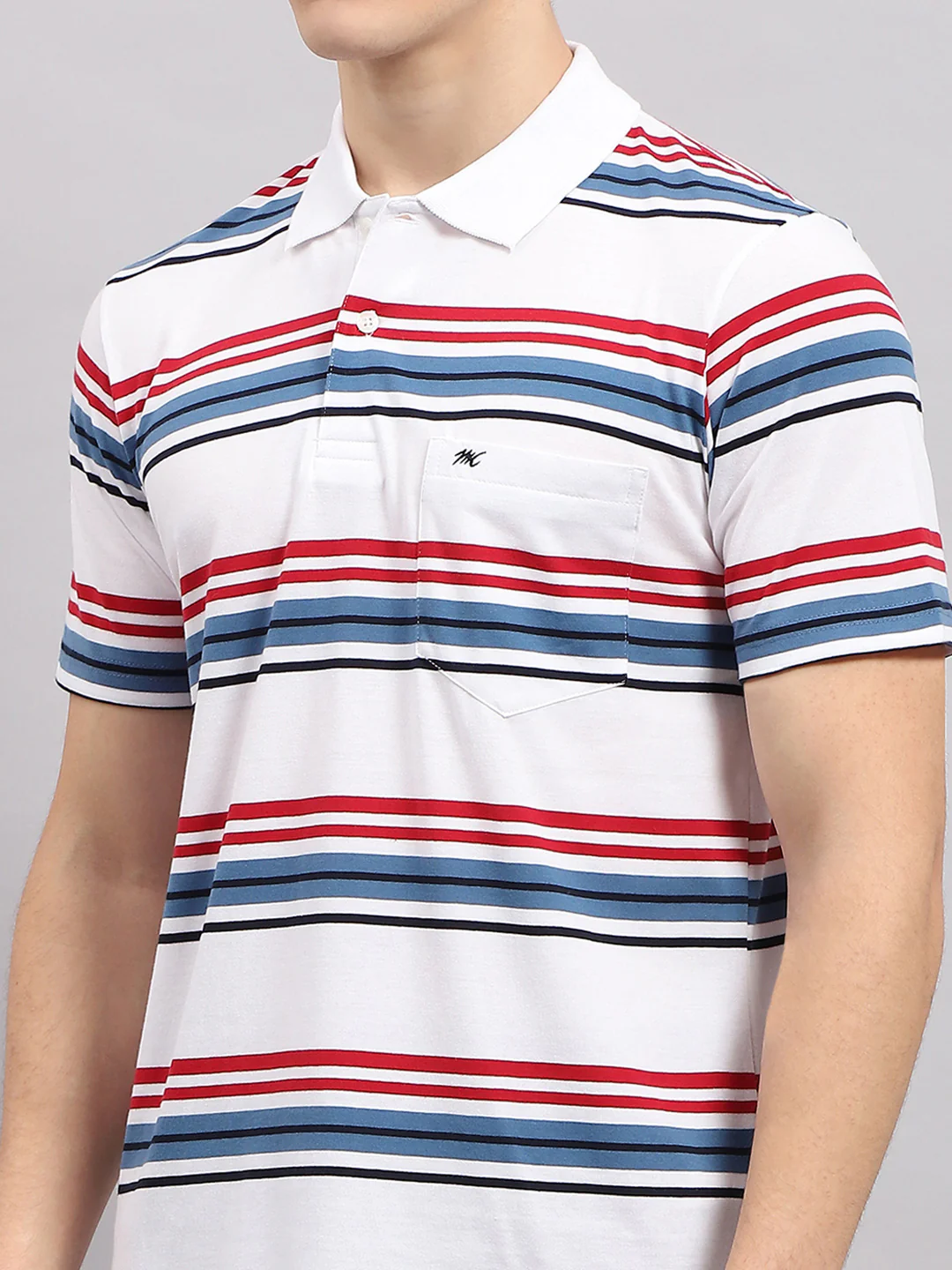 Men White & Blue Stripe Collar Half Sleeve T-Shirt - Image 6