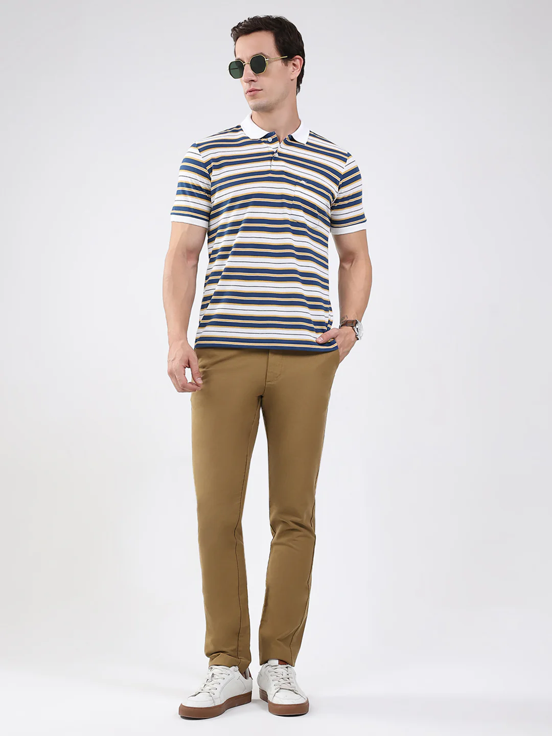 Men White & Blue Stripe Collar Half Sleeve T-Shirt - Image 2