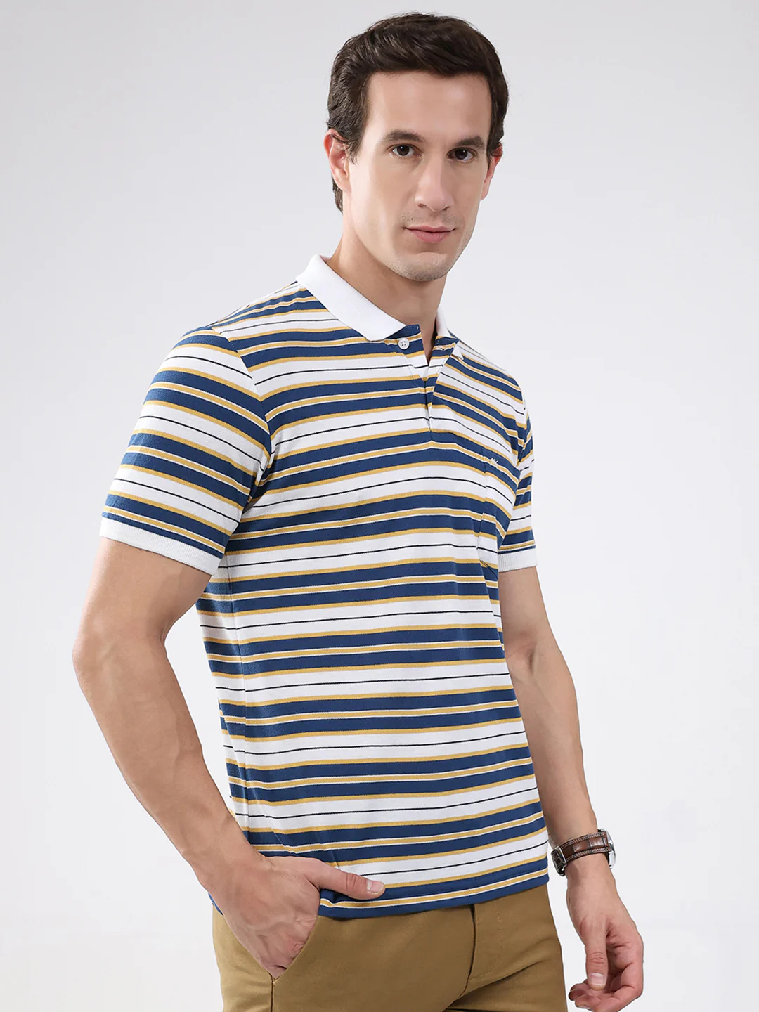 Men White & Blue Stripe Collar Half Sleeve T-Shirt - Image 4