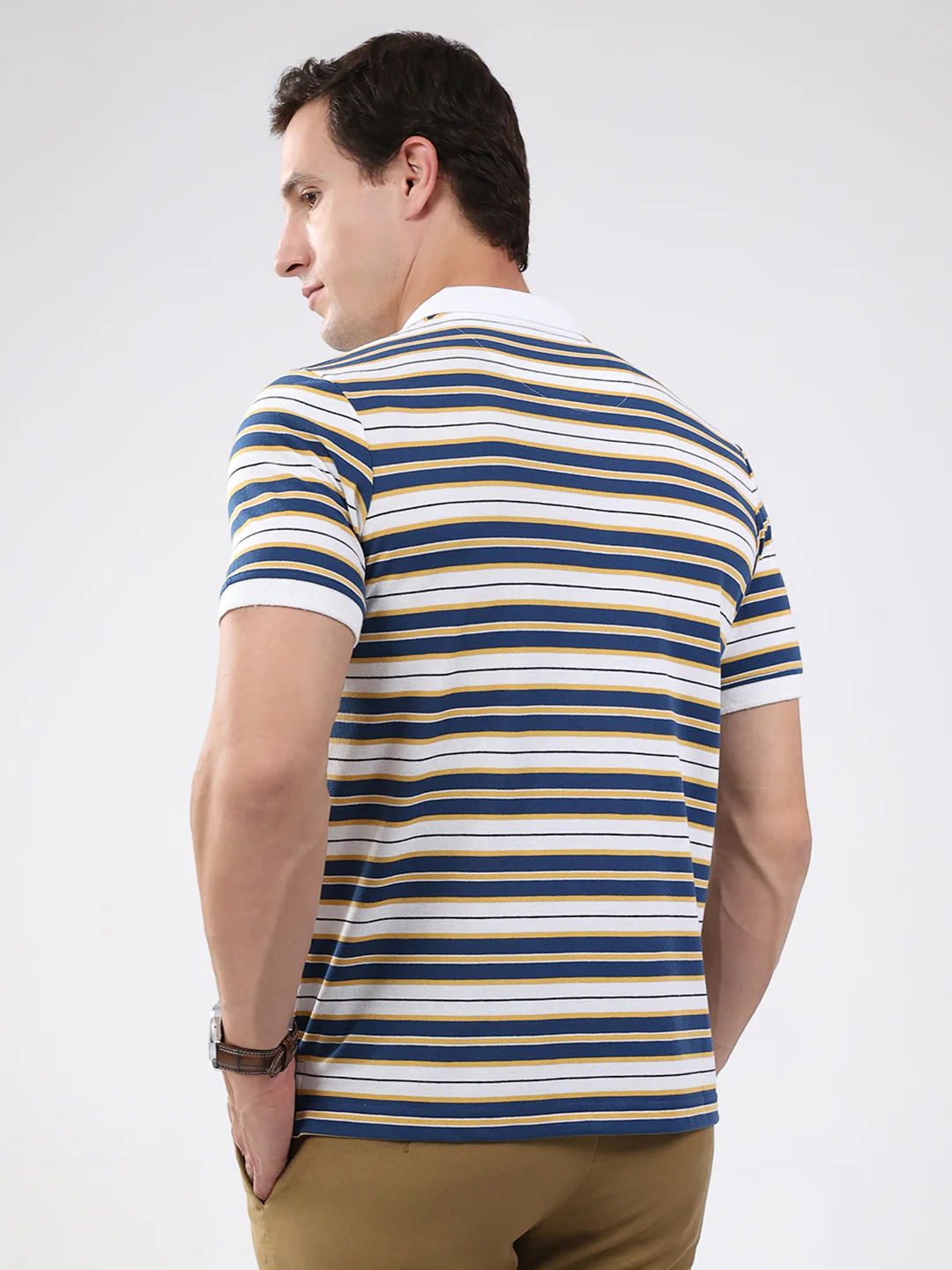 Men White & Blue Stripe Collar Half Sleeve T-Shirt - Image 5