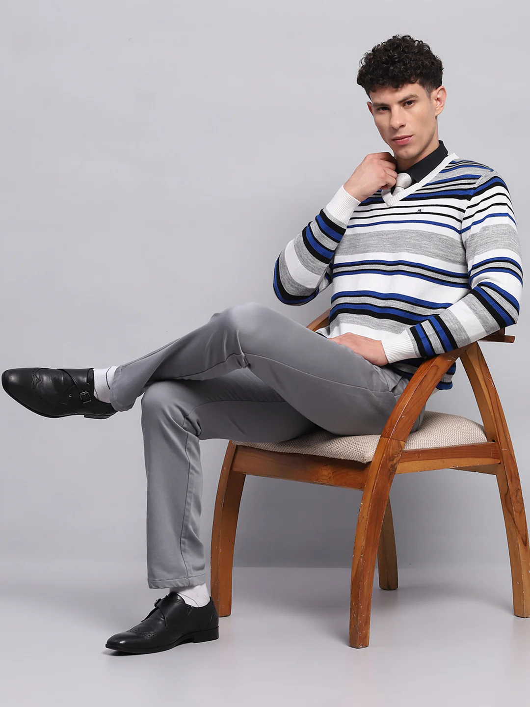 Men White & Blue Stripe V Neck Full Sleeve Pullover - Image 2