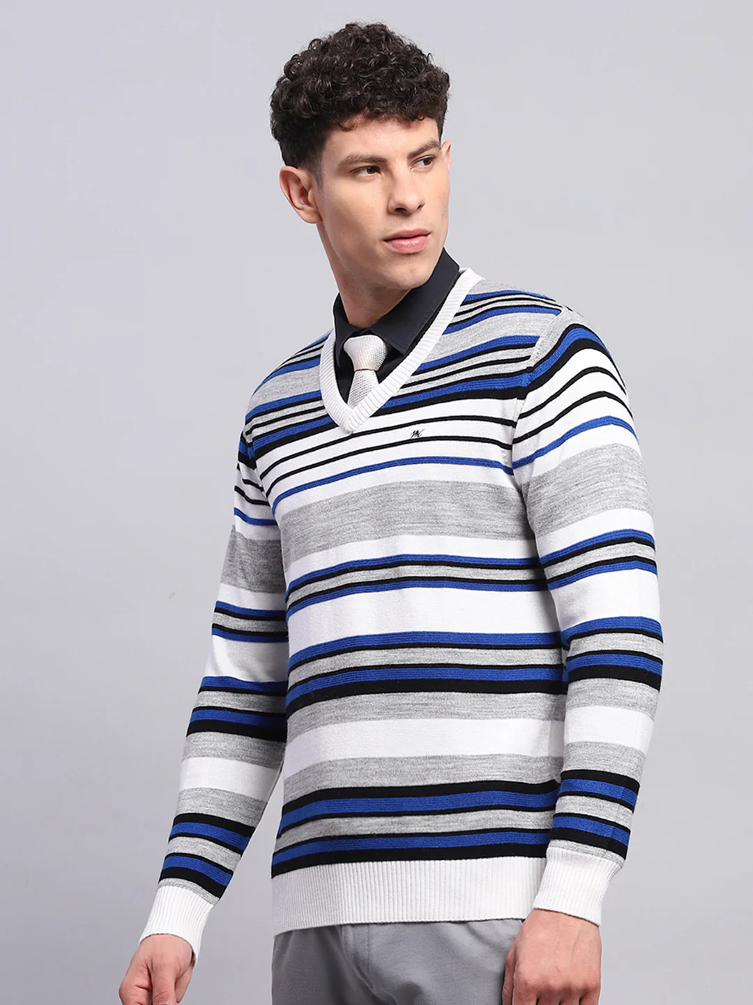 Men White & Blue Stripe V Neck Full Sleeve Pullover - Image 3