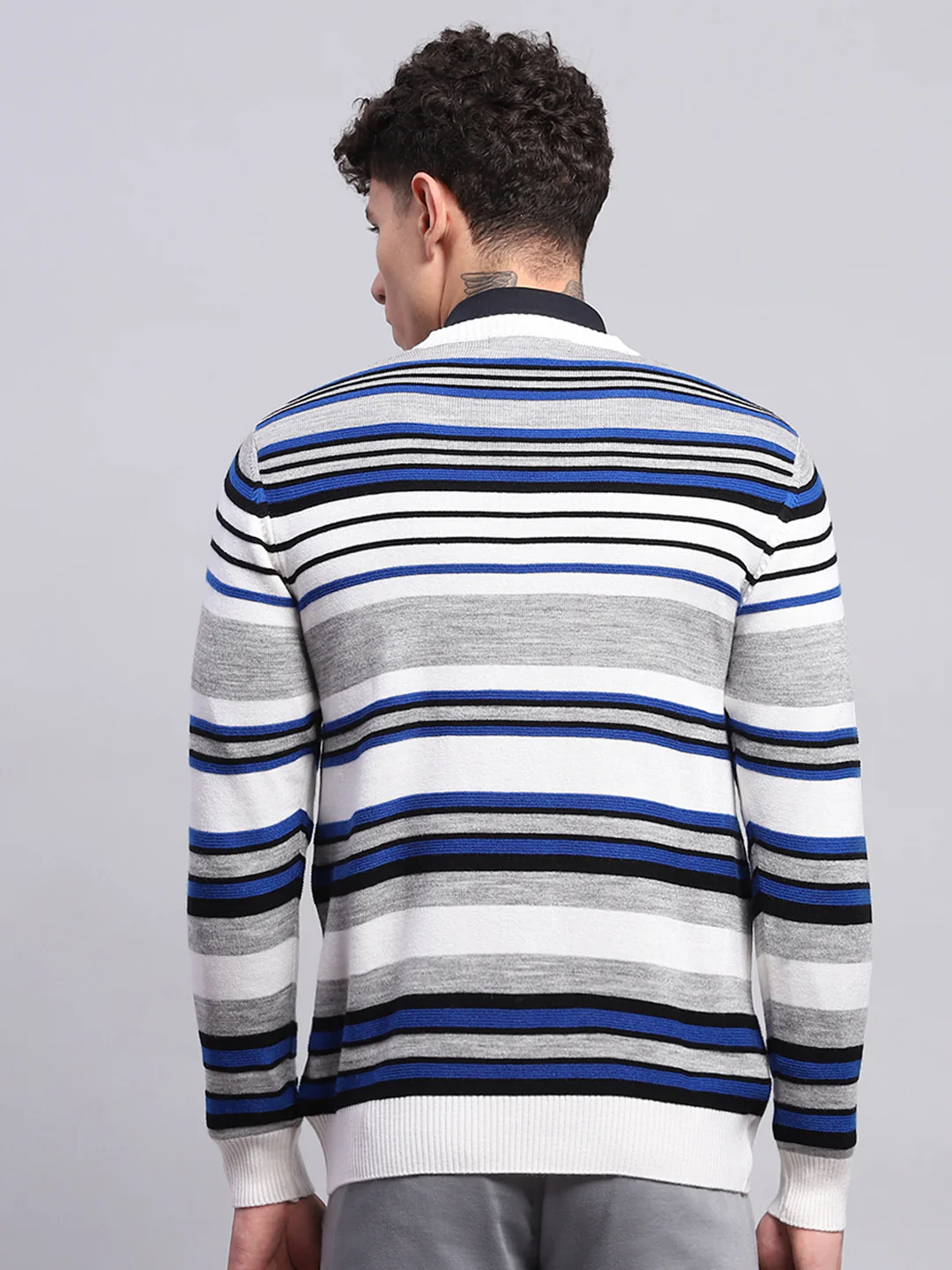 Men White & Blue Stripe V Neck Full Sleeve Pullover - Image 5