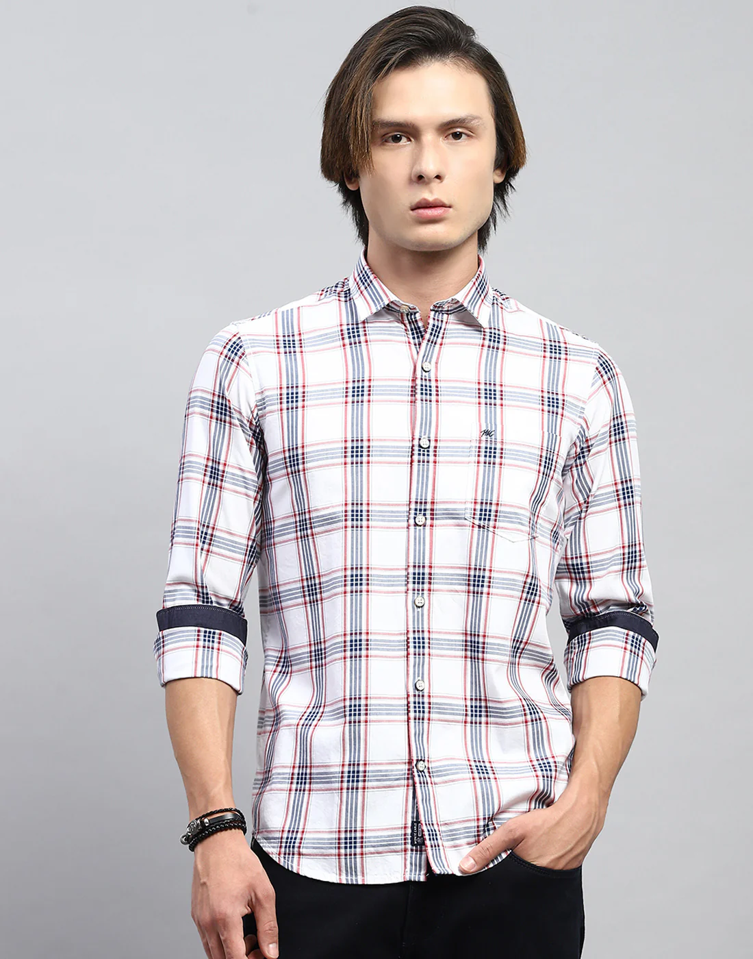 Men White Check Collar Full Sleeve Shirt - Image 2