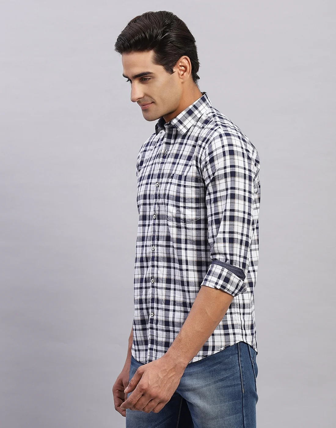 Men White Check Collar Full Sleeve Shirt - Image 3