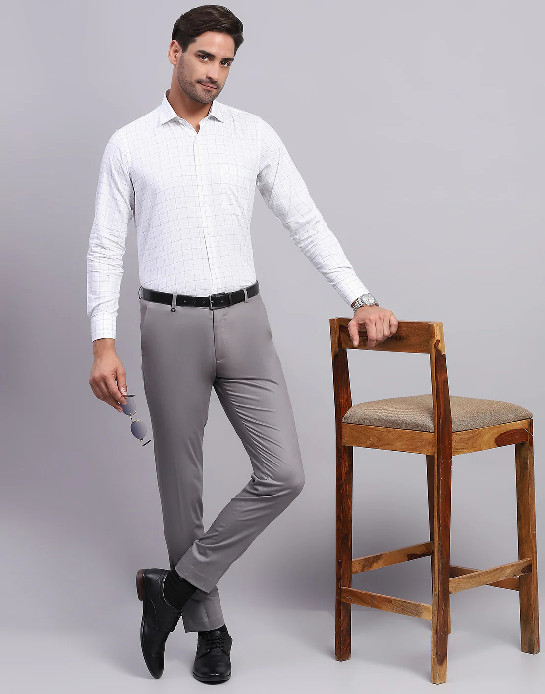 Men White Check Collar Full Sleeve Shirt - Image 6