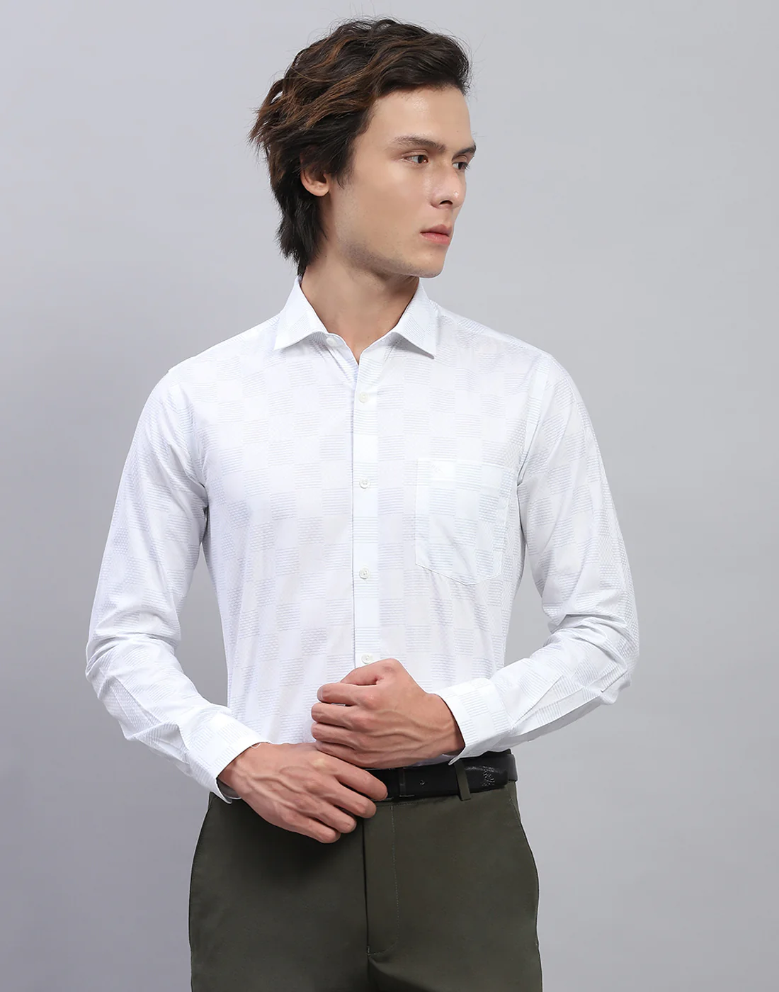 Men White Check Collar Full Sleeve Shirt - Image 2